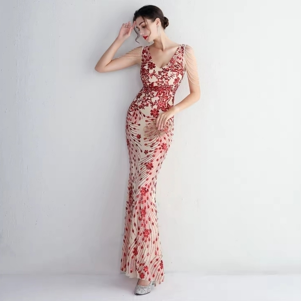 Red, Floral Print,  V Neck, Beaded Draped Sleeves,  Sequined Mermaid Gown